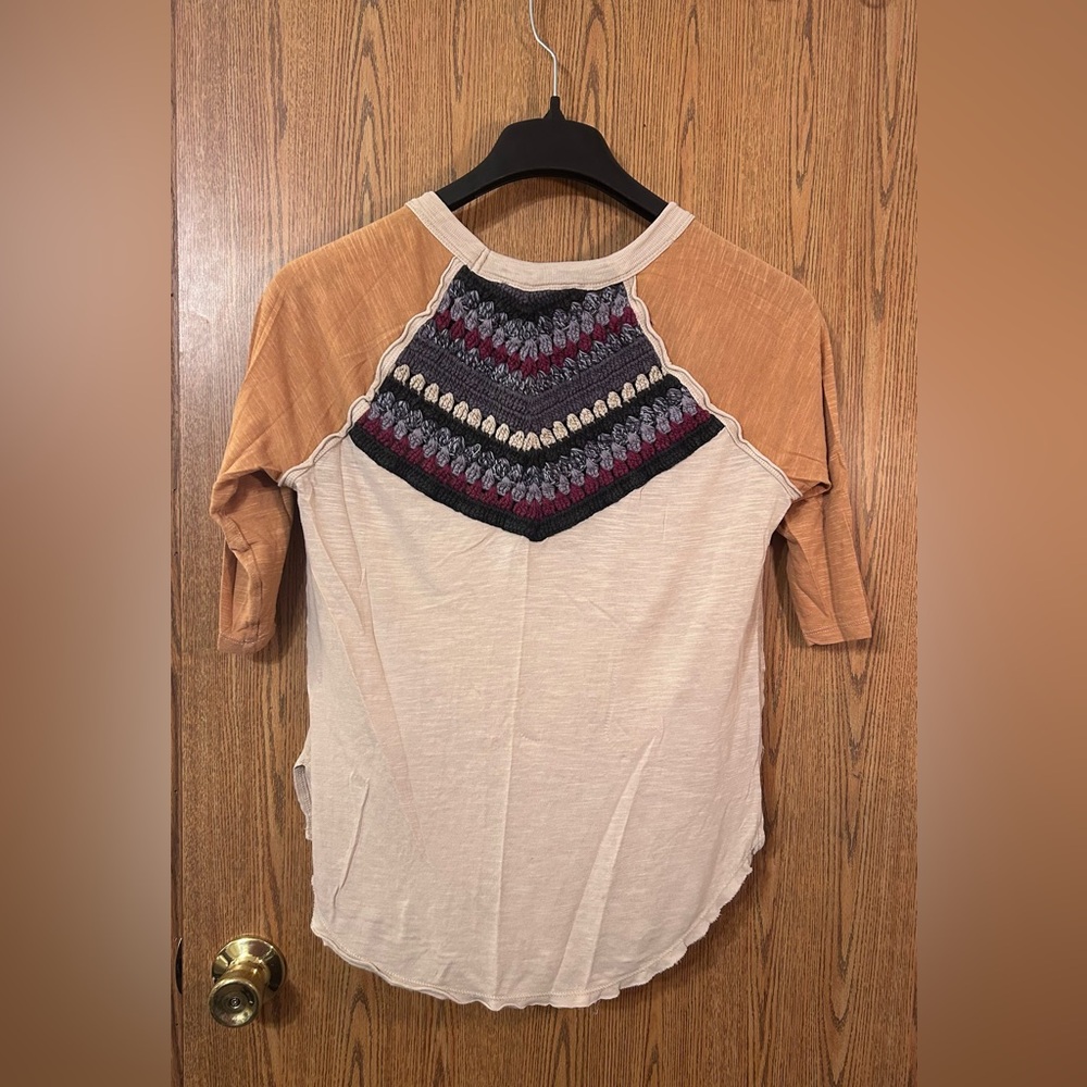 We The Free by Free People Spring Bound Tan Crochet Yoke Baseball Tee - Picture 5 of 6